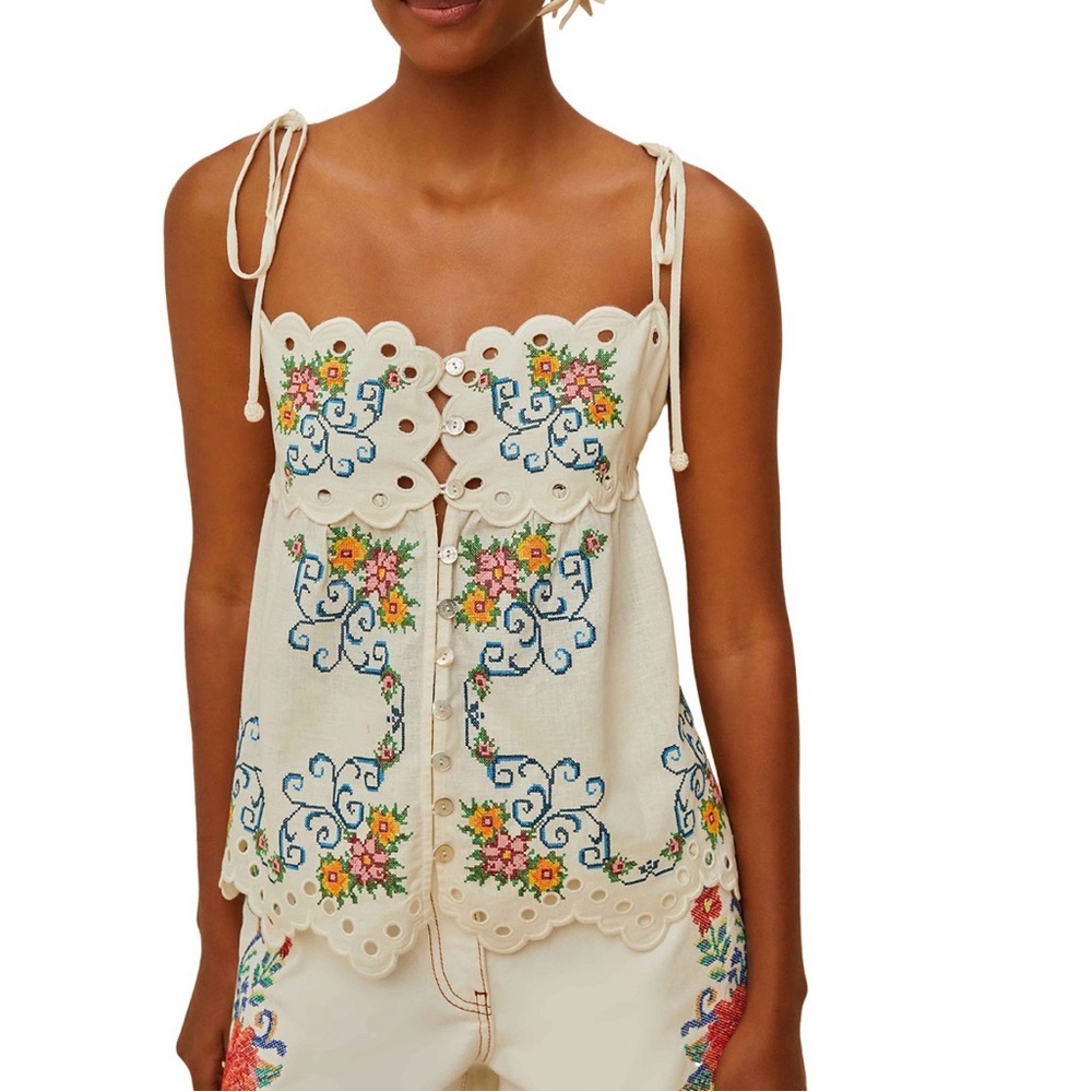 Farm Rio Grandmas Treasure Off White Sleeveless Linen Eyelet Blouse XL